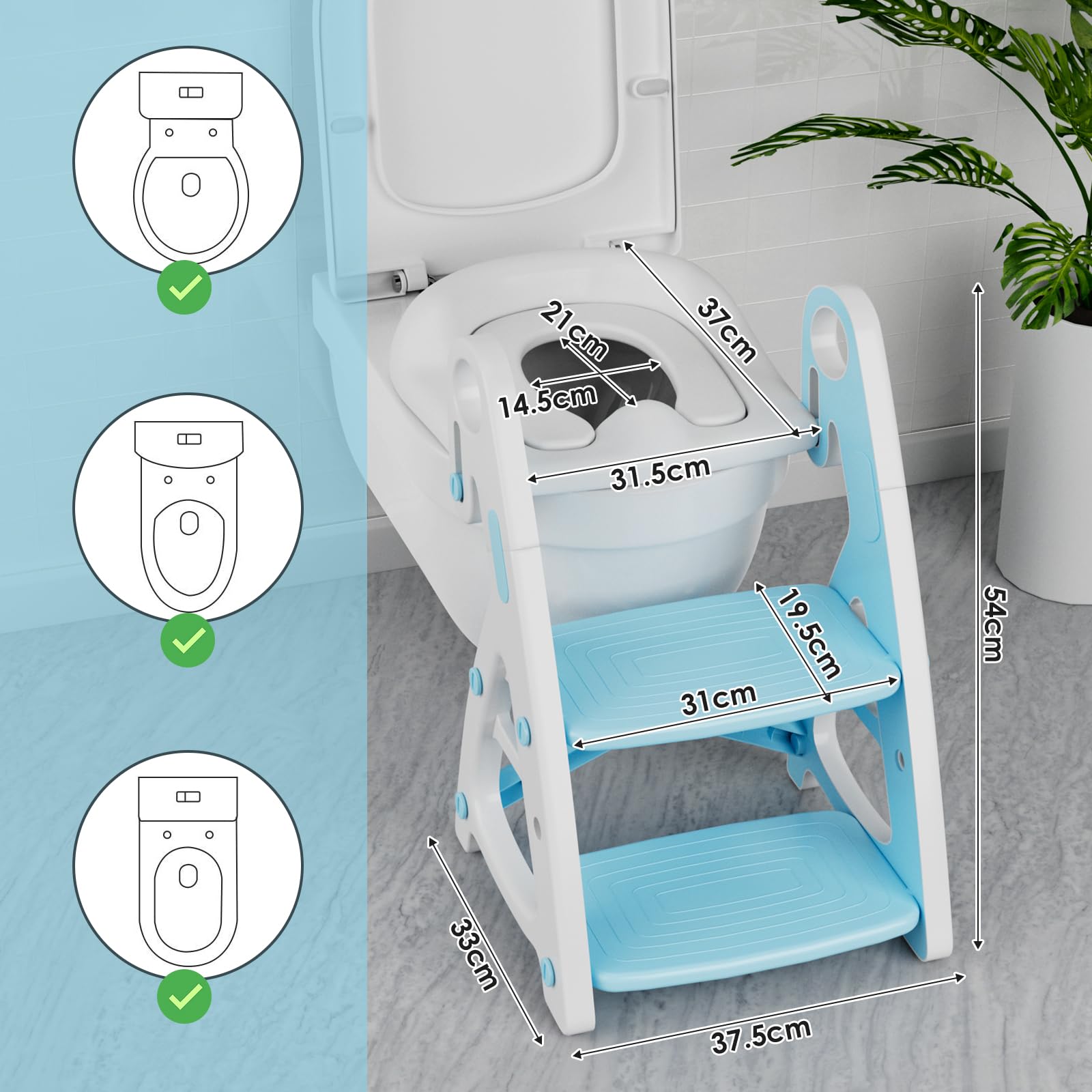 Riduttore wc per Bambini, Scaletta wc per Bambini, Sedile WC e Sgabello Bambini 2 in 1, Portatile Pieghevole, Adatto per Tazze a V, U Oppure O, Vasino con PU Morbida, Gradini Ingranditi (Blu)