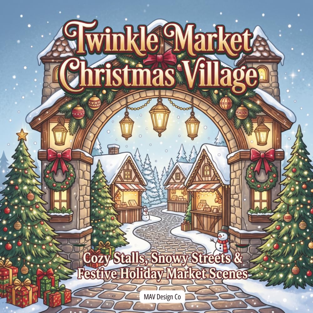 Twinkle Market Christmas Village Coloring Book: A Festive Christmas Coloring Book with Cozy Market Stalls, Snowy Streets, Ornaments, Cocoa, Twinkling Lights, and Holiday Village Charm