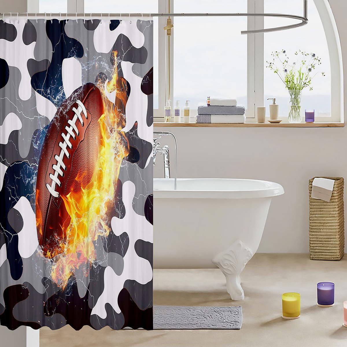 Football Shower Curtain For Teens, Kids Boys Rugby Bathroom Shower Curtains, Sports Games Bath Curtain, Camouflage Ice And Fire Cloth Fabric Bathroom Decor Set With Hooks, Grey White, 72" W X 84" L