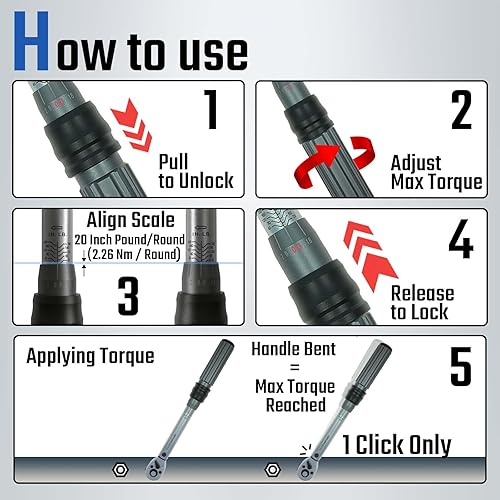 Miniatura 7 de Steinwhale Kit de llave dinamométrica de 20-200 pulgadas (2.26-22.6 Nm) para mantenimiento de bicicletas de carbono, transmisión de 14 pulgadas,