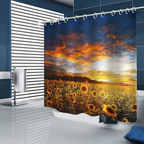 Miniatura 8 de Cortina de ducha 3D con diseño de girasol, lujosa bañera estándar, tela impermeable lavable con 12 ganchos blancos, mide 72 x 72 pulgadas