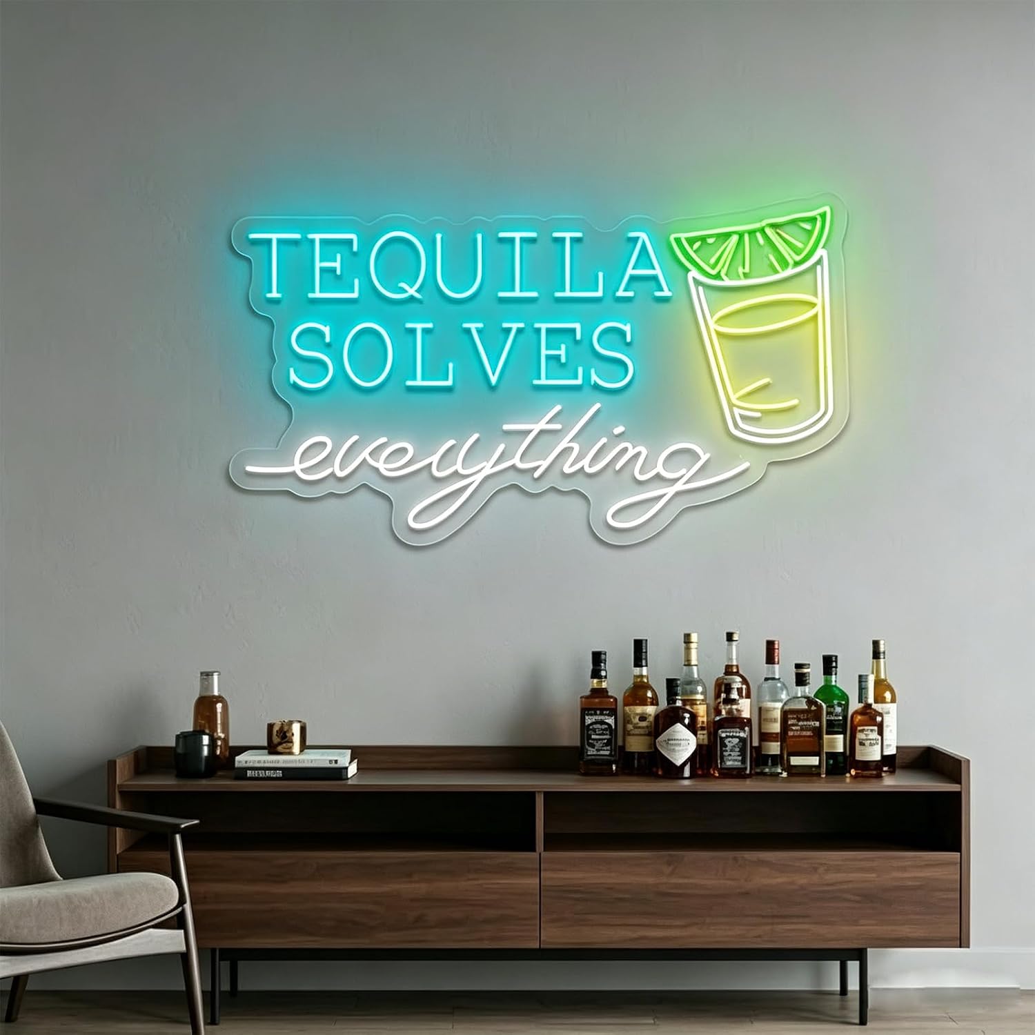 Tequila Solve Everything Neon Sign 24 inches Bar Signs Tequila Business Led Light Up Wall Art Decor for Wedding Party Bar Shop Backdrop Decorations