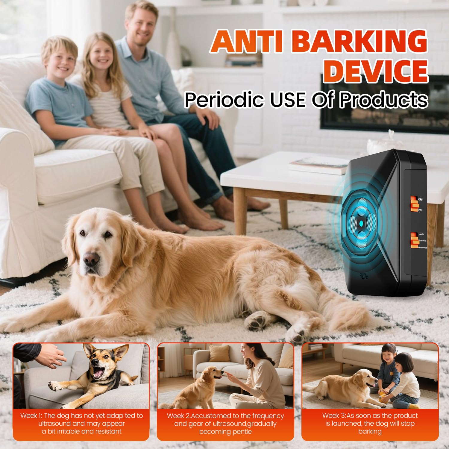 WUGEIN Antiabbaio per Cani, 30 Ft Anti Abbaio per Cani, 3 Modi Ultrasuoni per Cani Interni Esterni Antibell per Cani di Piccola Grandi Taglia Media Anti Bell