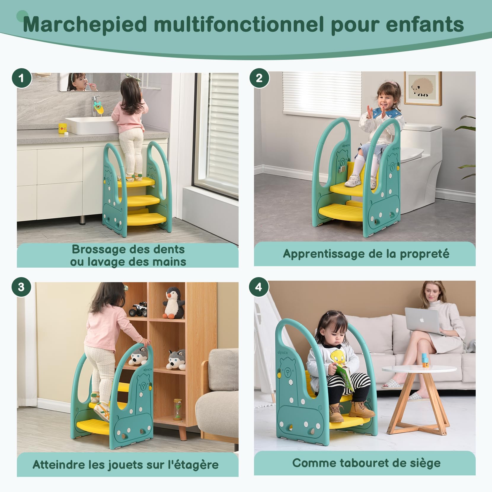 Onasti Scaletta gradini, Sgabello a tre gradini per bambini, Sedile per Addestramento per WC, Scaletta Bagno per bambini, Multifunzione, Regolabile in Altezza, Funzione Antiscivolo - (Verde)