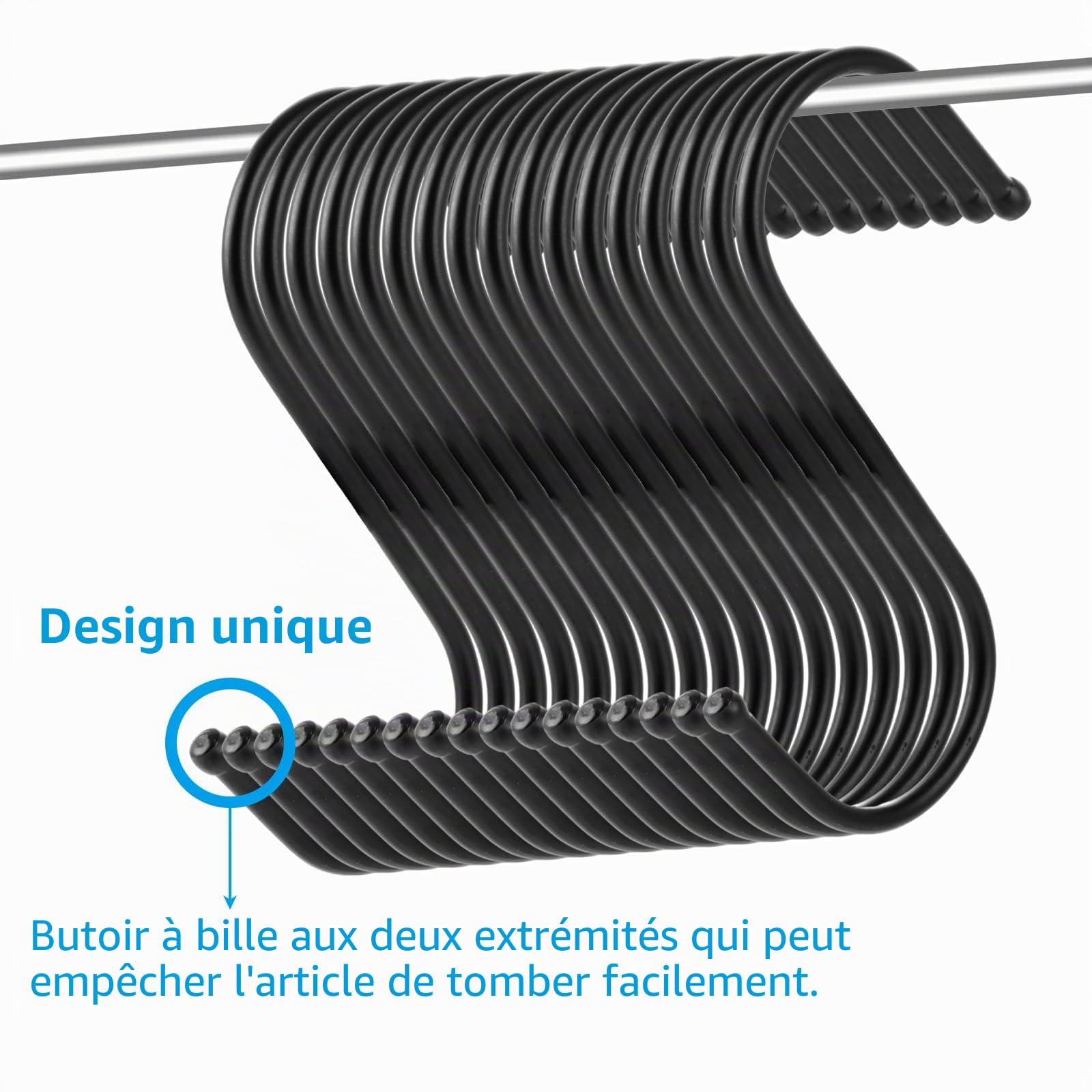 100 Crochets en S Noirs, Crochet S Métal Hanging pour Cuisine, Crochets d'Accrochage 9cm avec Bouts Sécurisés, Porte jusqu'à 5kg pour Placard, Salon, Salle de Bain