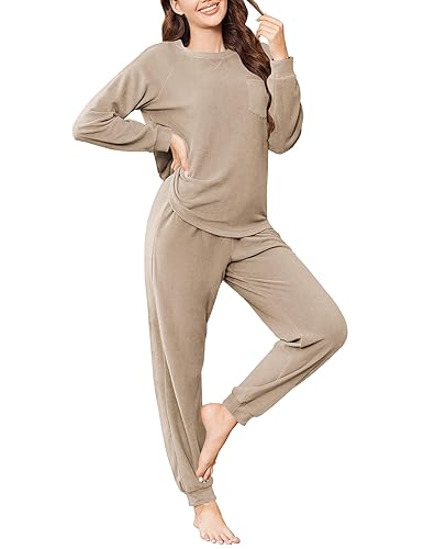 Ekouaer Womens Fuzzy Fleece Pajama Sets Long Sleeve Jogger Sets