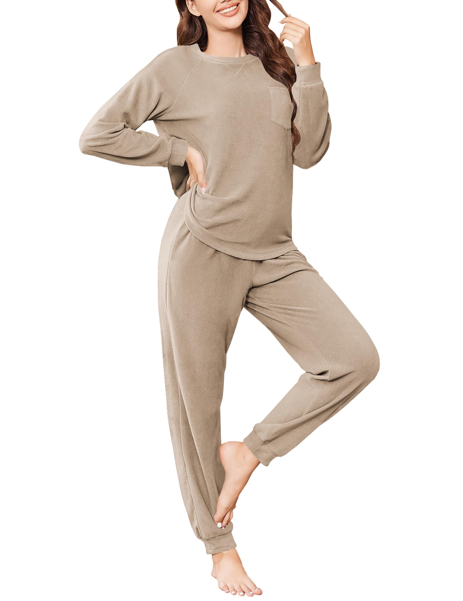 Ekouaer Womens Fuzzy Fleece Pajama Sets Long Sleeve Jogger Sets Comfy Sleepwear Loungewear with Pockets