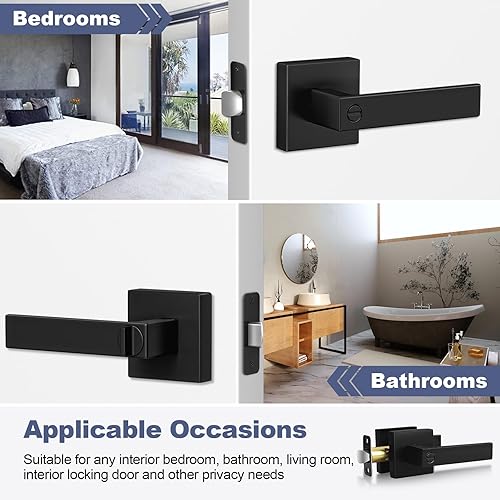 Miniatura 6 de Estmoon Paquete de 6 manijas de puerta color negro mate, perillas interiores sin llave, manijas cuadradas de privacidad, cerraduras de puerta