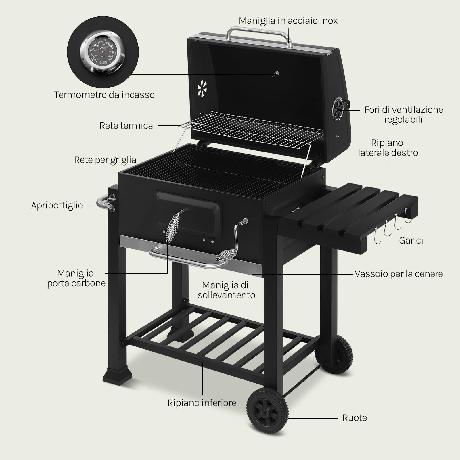 WOLTU Barbecue Portatile a Carbonella, Griglia a Carbone, Coperchio e Termometro, con Ruote e Ripiani, Carrello per Barbecue da Campeggio, Picnic e all'Aperto, 117x71x107cm, Nero