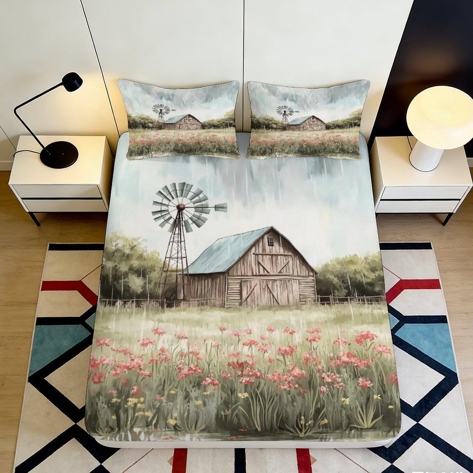 Dhbaneiok Style-3 3D Printed Countryside Barn Fitted Sheet Microfiber Soft Pastoral Windmill Mattress Cover For Bedroom Guest Room Decor 90X200x25cm