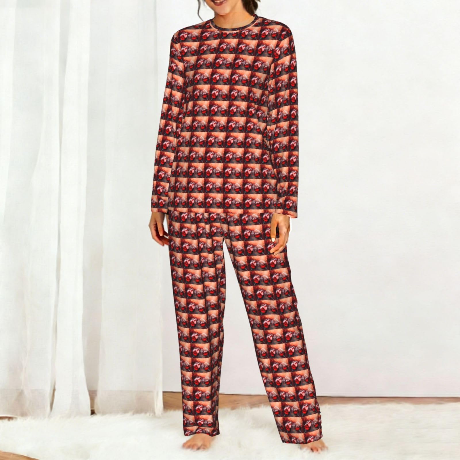 Set pigiama da donna a maniche lunghe con stampa di bicchieri di vino rosso con coulisse elastica morbida abbigliamento da giorno casual