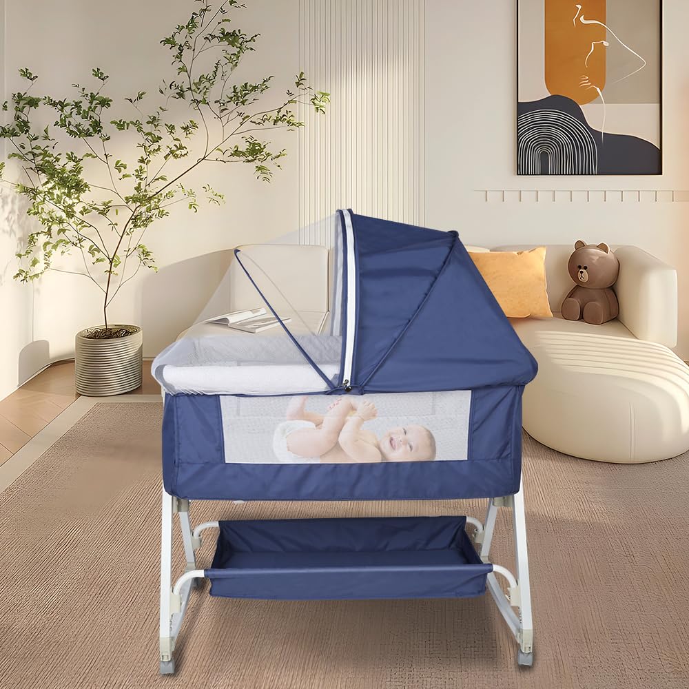 homewell 2 en 1 Lit Cododo Bebe Pliable, Berceau Cododo 0-30 Mois, 6 Réglages de Hauteur, Berceau bébé Mobile Lit d'Appoint, Grand Panier, Apportez UNE moustiquaire (Bleu Marine, 95 * 50*(98-110) cm)