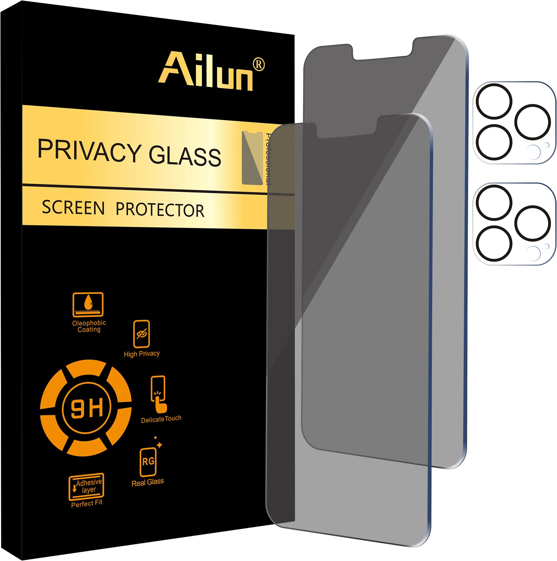 Ailun Privacy Screen Protector for iPhone 13 Pro [6.1" Display] 2 Pack + 2 Pack Camera Lens Protector Anti-Spy Private Tempered Glass Film [9H Hardness] - HD [4 Pack]