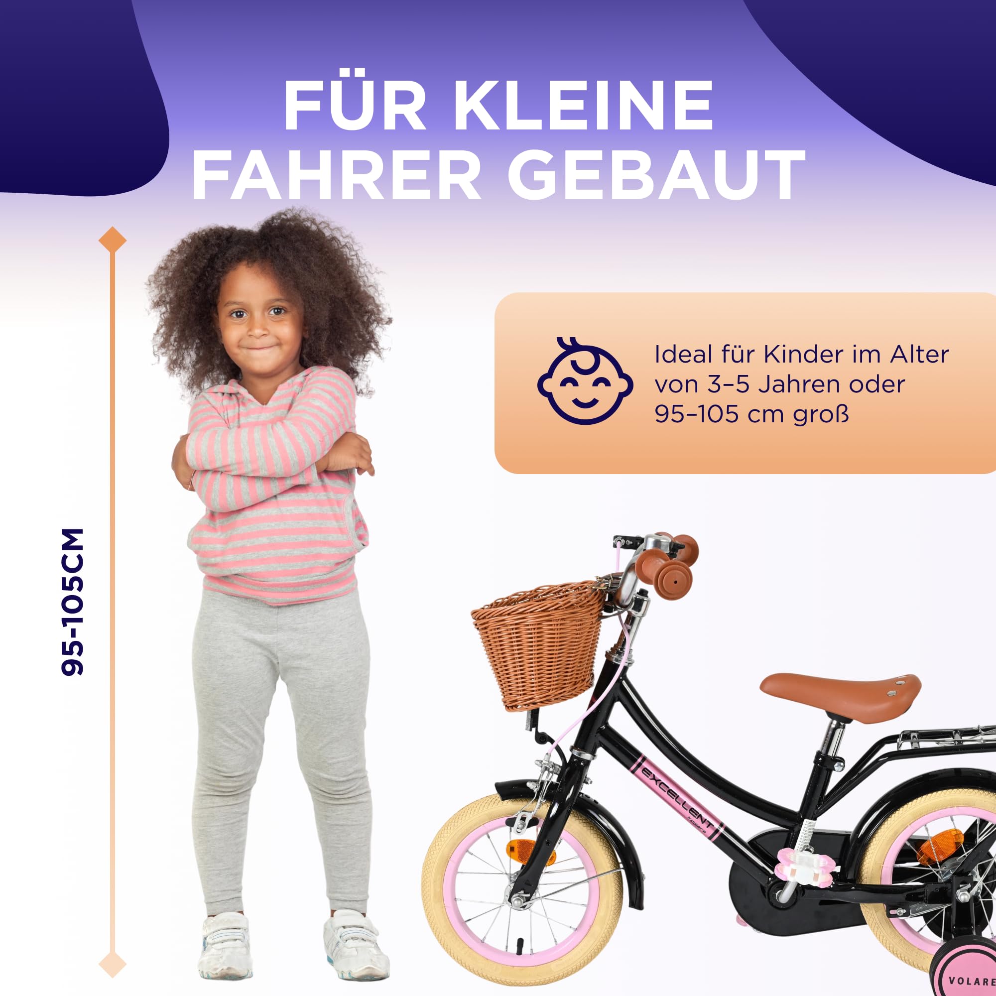 Volare Excellent Fahrrad | 3–5 Jahre | Hand- & Rücktrittbremse, Stützräder, Kettenschutz, Reflektoren & Korb | Höhenverstellbarer Sattel | Geschenk für Mädchen