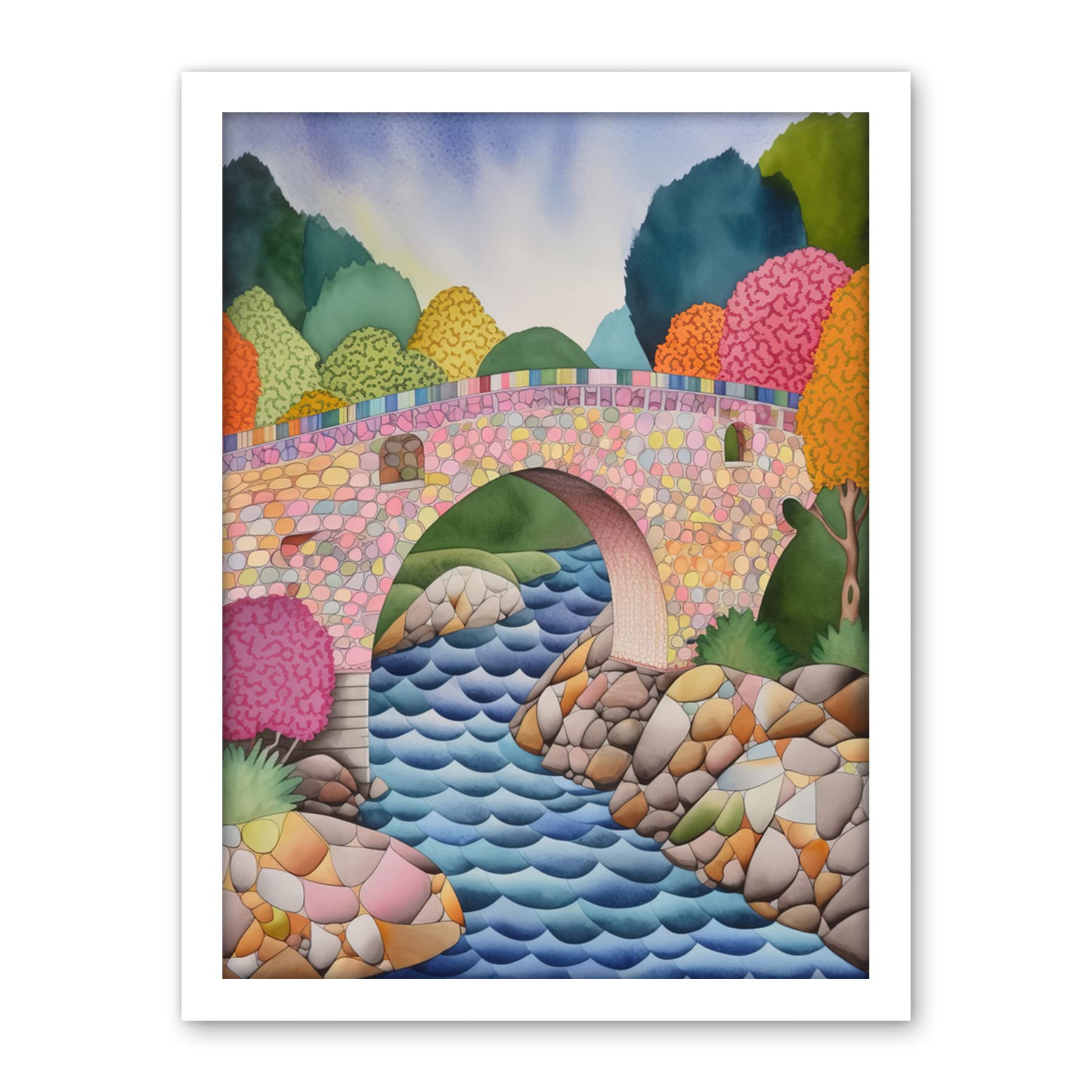 Artery8 Modern Folk Art Countryside Bridge Artwork Framed Wall Art Print 18X24 Inch