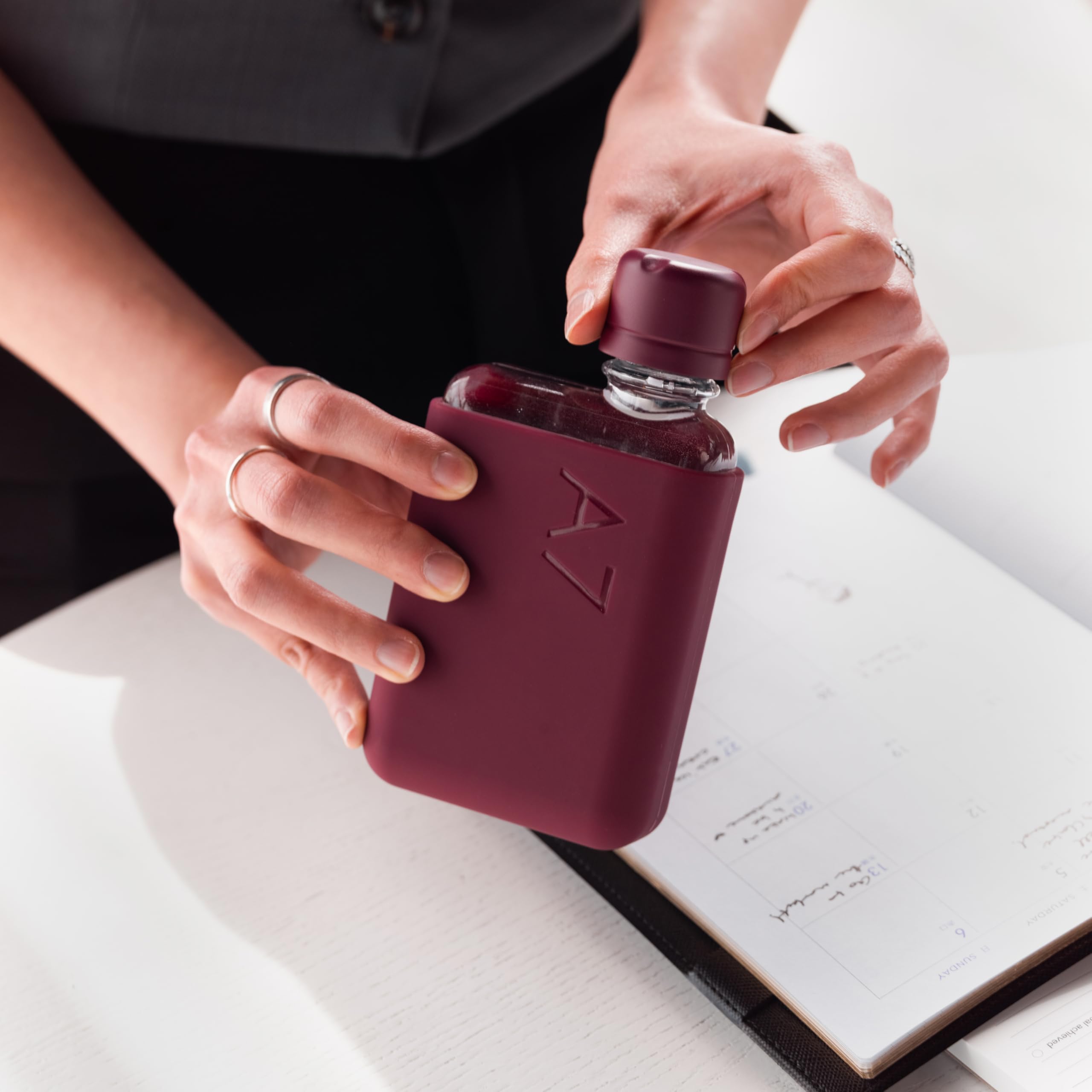 memobottle A7 (Wild Plum) Bundle - 6oz (180ml) - Bottle, silicone sleeve & lid | Compact Flat Bottle for Bags & Pockets | BPA Free Tritan | Modern & Minimalist | For Gym, Work & Travel - Image 2