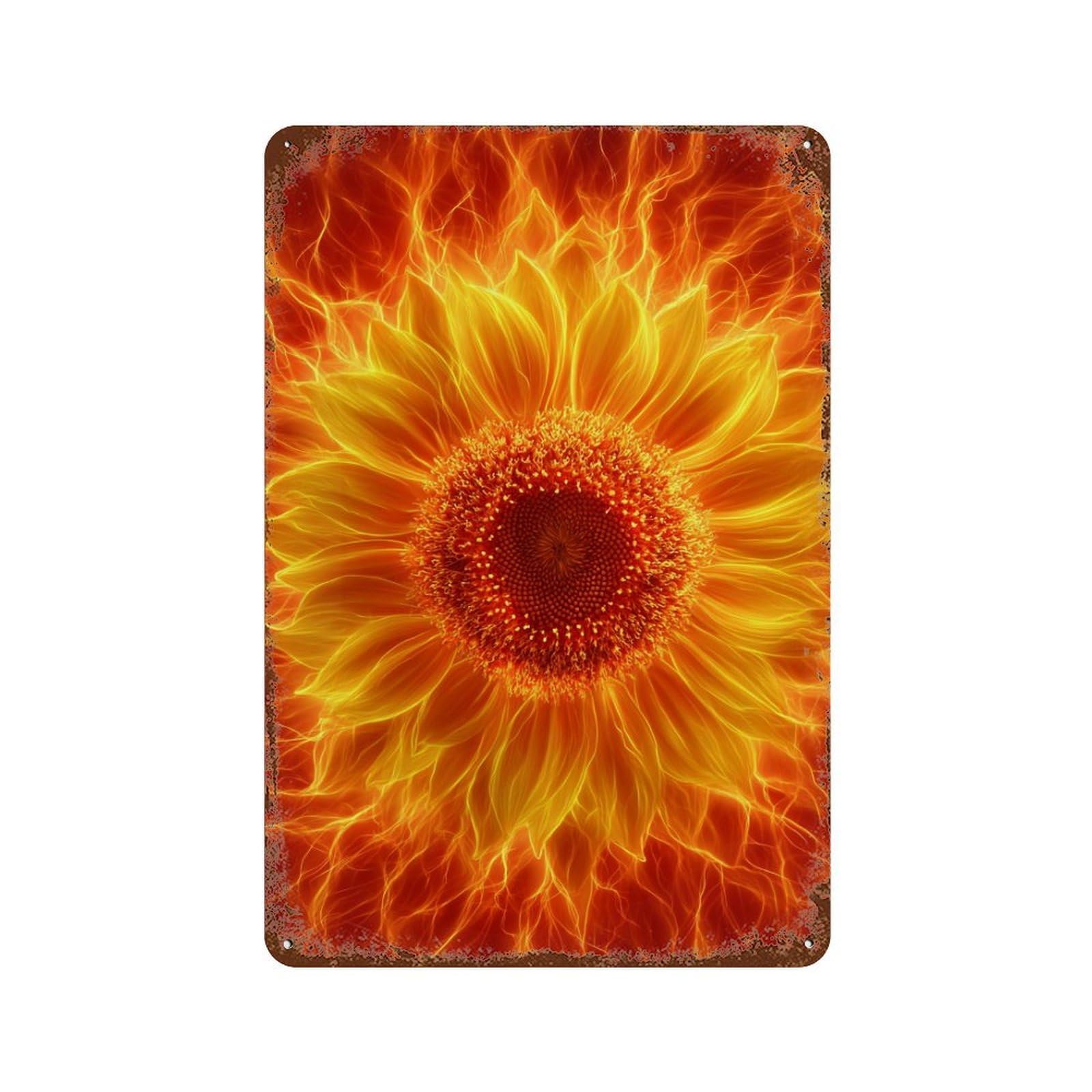 Flaming Sunflower Art Print-1 Vintage Wall Sign 11.8"x7.9", Rust Effect Metal Decor for Garage, Bar And Workshop Decor