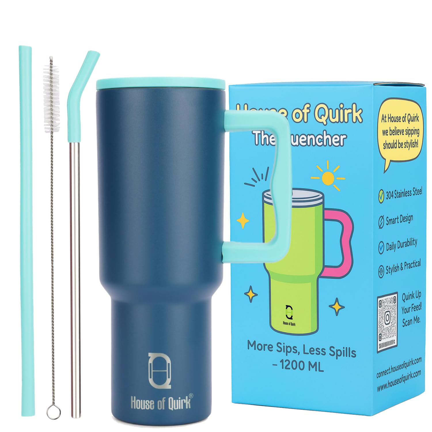 House of Quirk 1200ML Stainless Steel Tumbler with Handle & Lid, 2 Straws – Large Travel Mug Water Cup for Gym, Office & Outdoor Use (Sapphire)