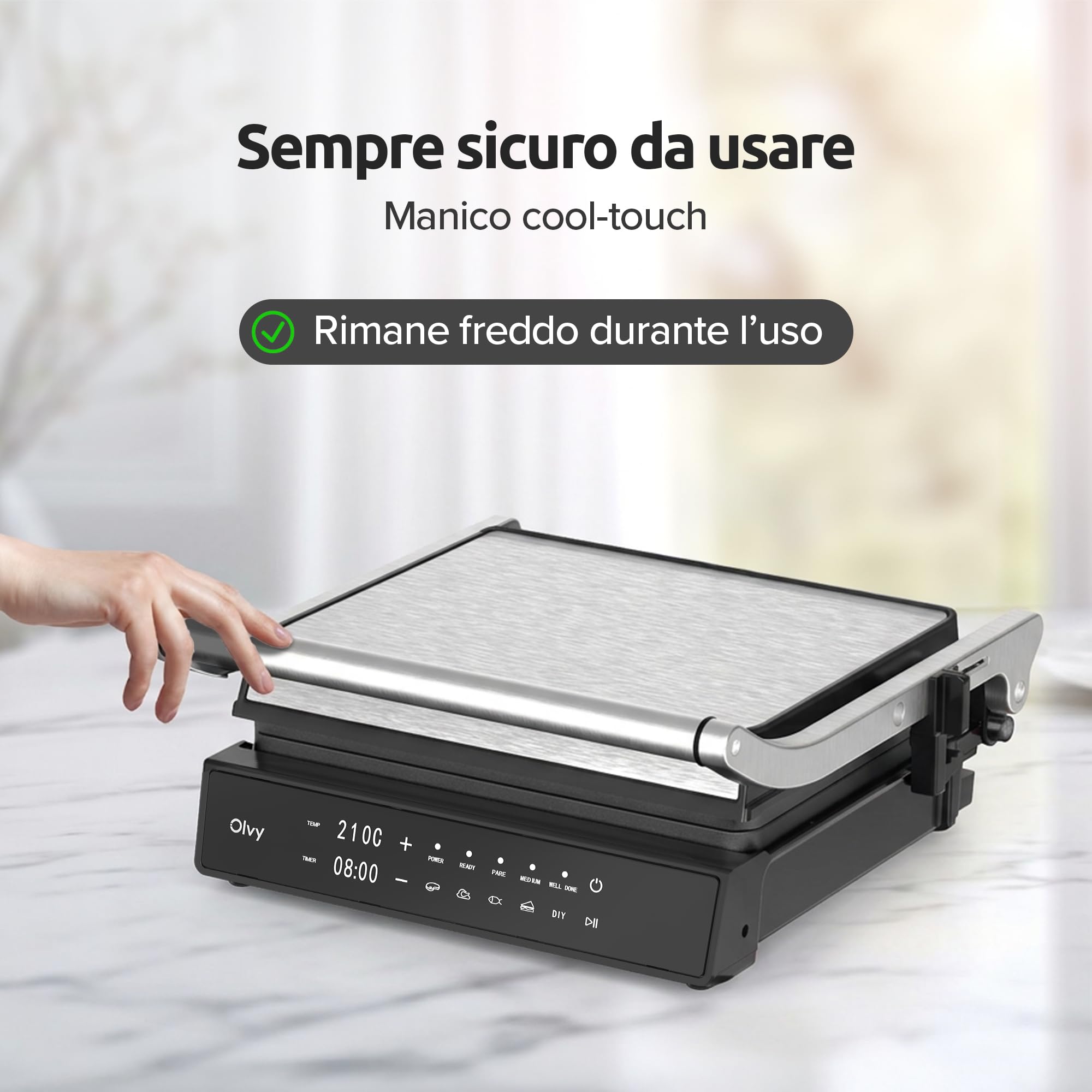 Olvy Grill Elettrico a Contatto 2000W PFAS Free Piastra Antiaderente Rimovibile 5 Programmi Automatici Apertura 180° Termostato Timer Panini Carne Verdure