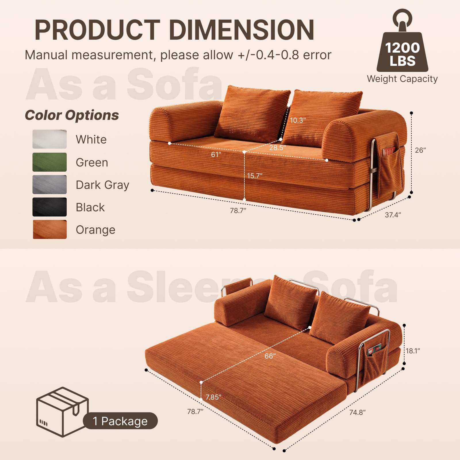 78" Convertible Sofa Bed, Corduroy Futon Couch with Storage Pocket, Boneless Pull Out Sleeper Sofa, Foldable Couch for Living Room Bedroom, No Assembly Space Saver, Orange