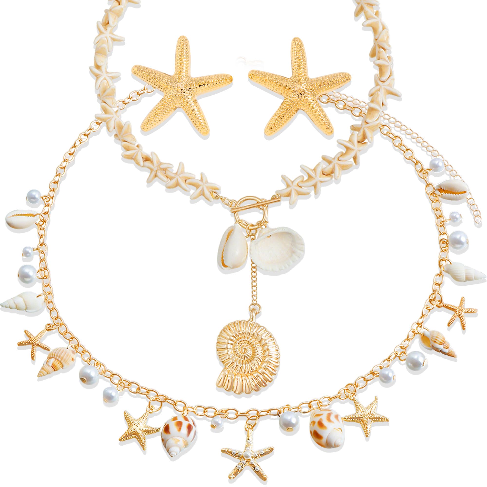 JeVenis Starfish Earrings Necklace Bracelet Hair Clip Mermaid Costume Beach Accessories for Women Seashells Starfish Pearl Summer Beach Gifts for Women