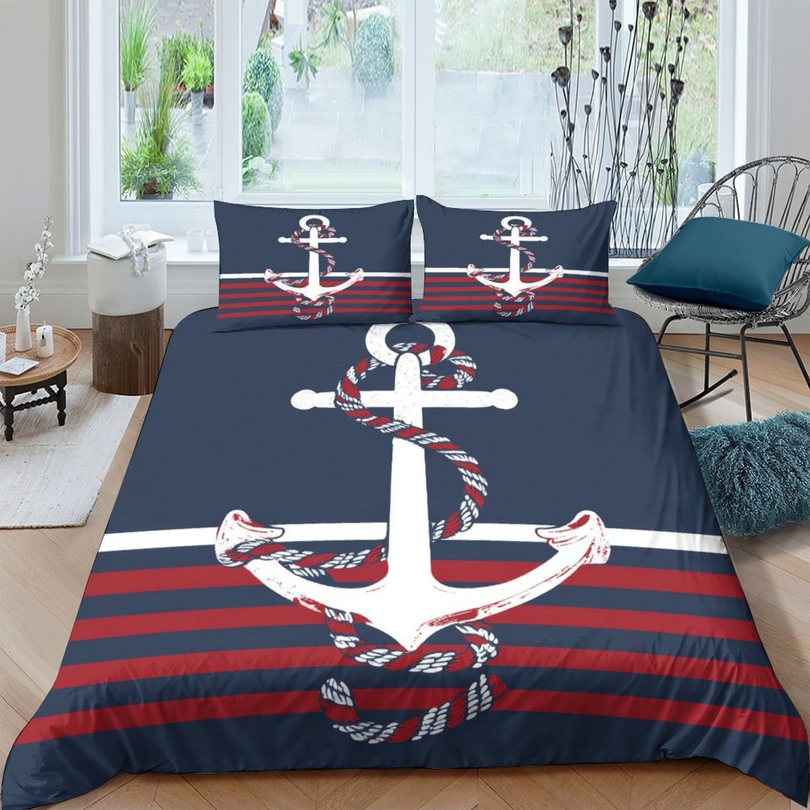 GPLZQXKJNH 3D Printed Nautical Anchor Duvet Cover Microfiber Soft Breathable Striped Bedding Set with 2 Pillowcases for Bedroom Decor Single（135x200cm）