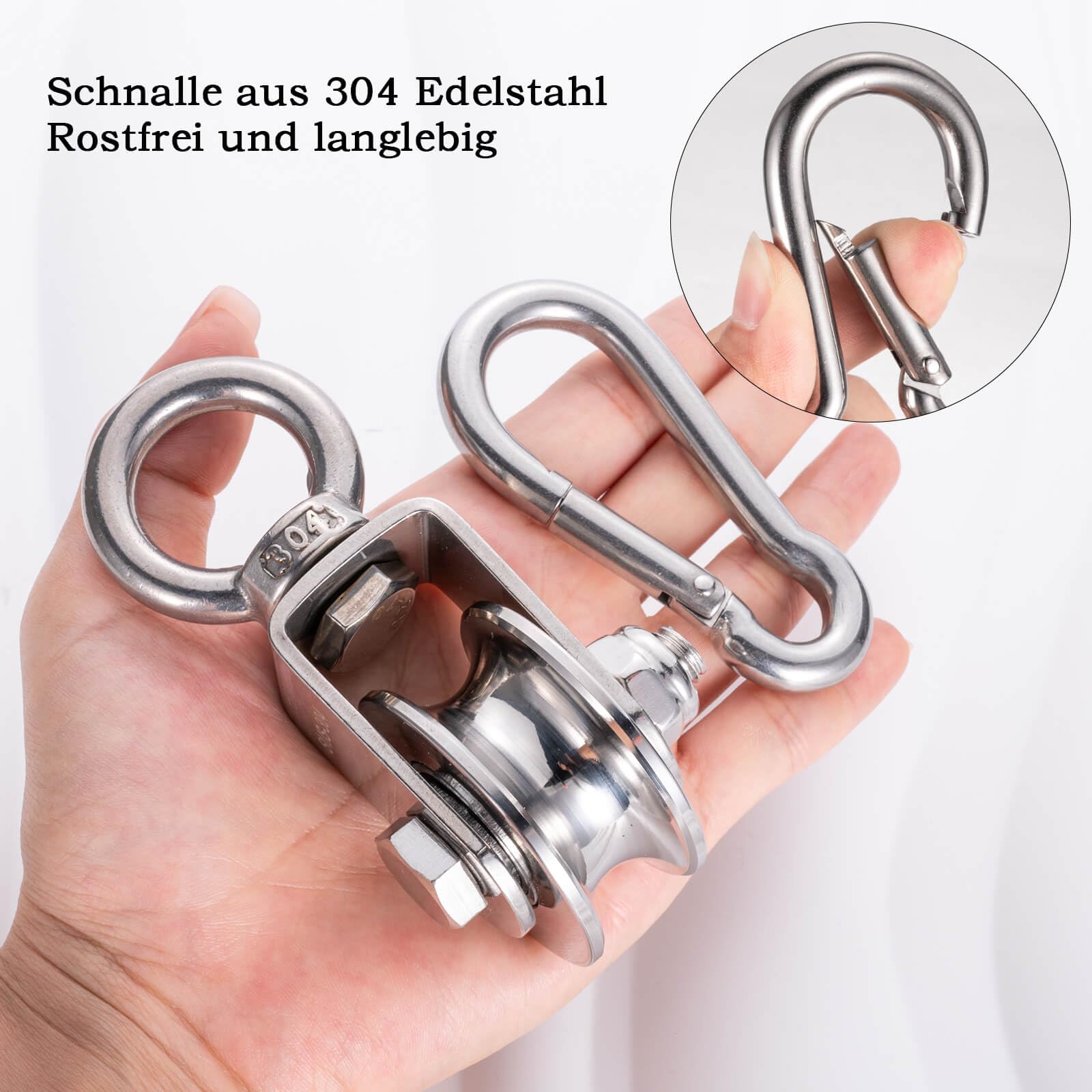 Umlenkrolle mit 2 Kugellager, Edelstahl Flaschenzug mit 10m/8mm Nylonseil, Tragfähigkeit 500 kg