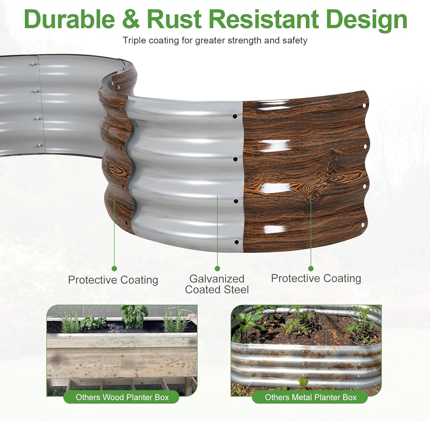 Galvanized Raised Garden Bed- 2Pcs Metal Planter Boxes Outdoor | 12" Tall 24" Round Steel Raised Bed Kit & Fire Pit Ring for Gardening with Protective Tape for Vegetables (Wood Grain)