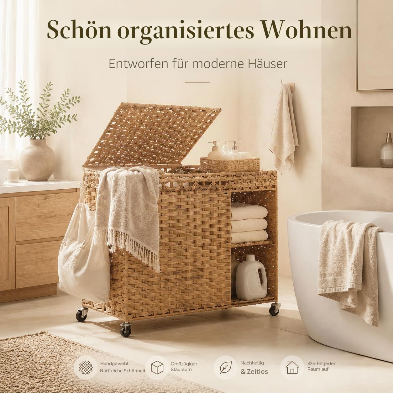 160L Wäschekorb mit Rollen und Regal, Wäschewagen mit Deckel | Handgeflochtener PE-Rattan, Großer Wäschekorb, Wasserfest für Badezimmer, Schlafzimmer und Waschküche