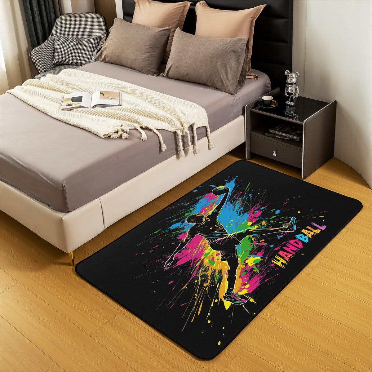 Homewish Tapis Salon 100x150cm Handball,Tapis Chambre Ball Sports,Tapis Sol pour Garçons Filles Graffiti Points Aquarelle Arc-en-Ciel,Décoration D'Intérieur Silhouette D'Athlète Rouge Bleu