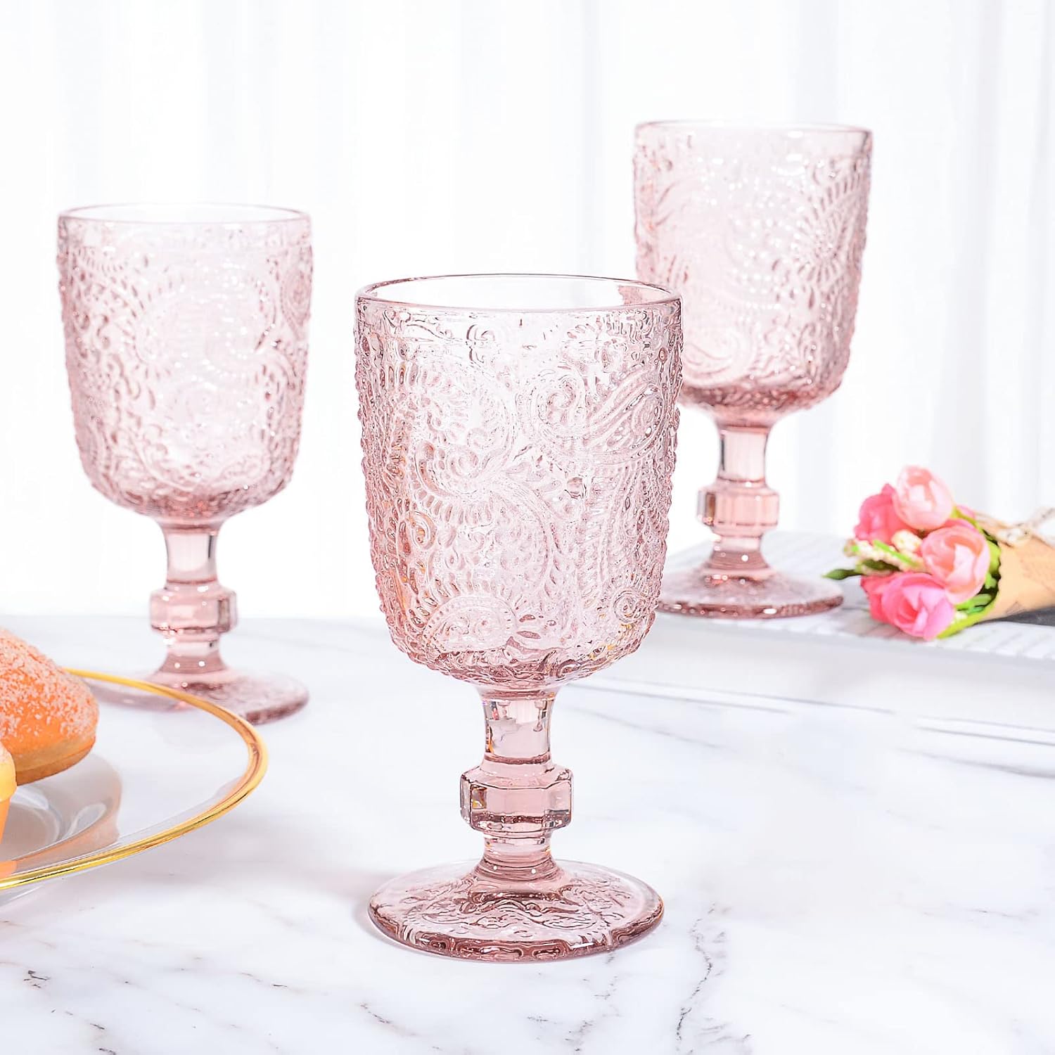 Tebery 4 Pack Pink Glass Wine Goblet Vintage, 10oz Colored Beverage Stemmed Glass Cups, Embossed Glassware Set for Water, Juice, Wine,Beer and Cocktails - Image 3
