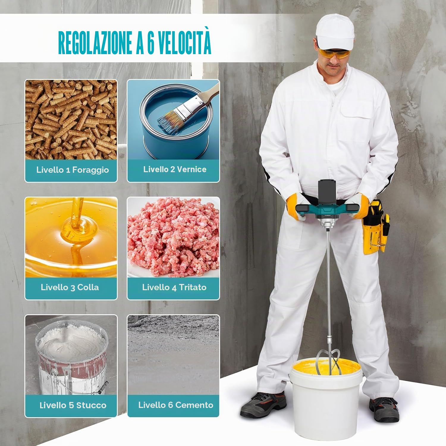 IMAYCC Miscelatore per malta, miscelatore per cemento senza cavo, per batterie MAKITA & DEWALT, miscelatore portatile per calcestruzzo, 21 V, 6 marce, trapano e miscelatore da 1000 W per fango, malta