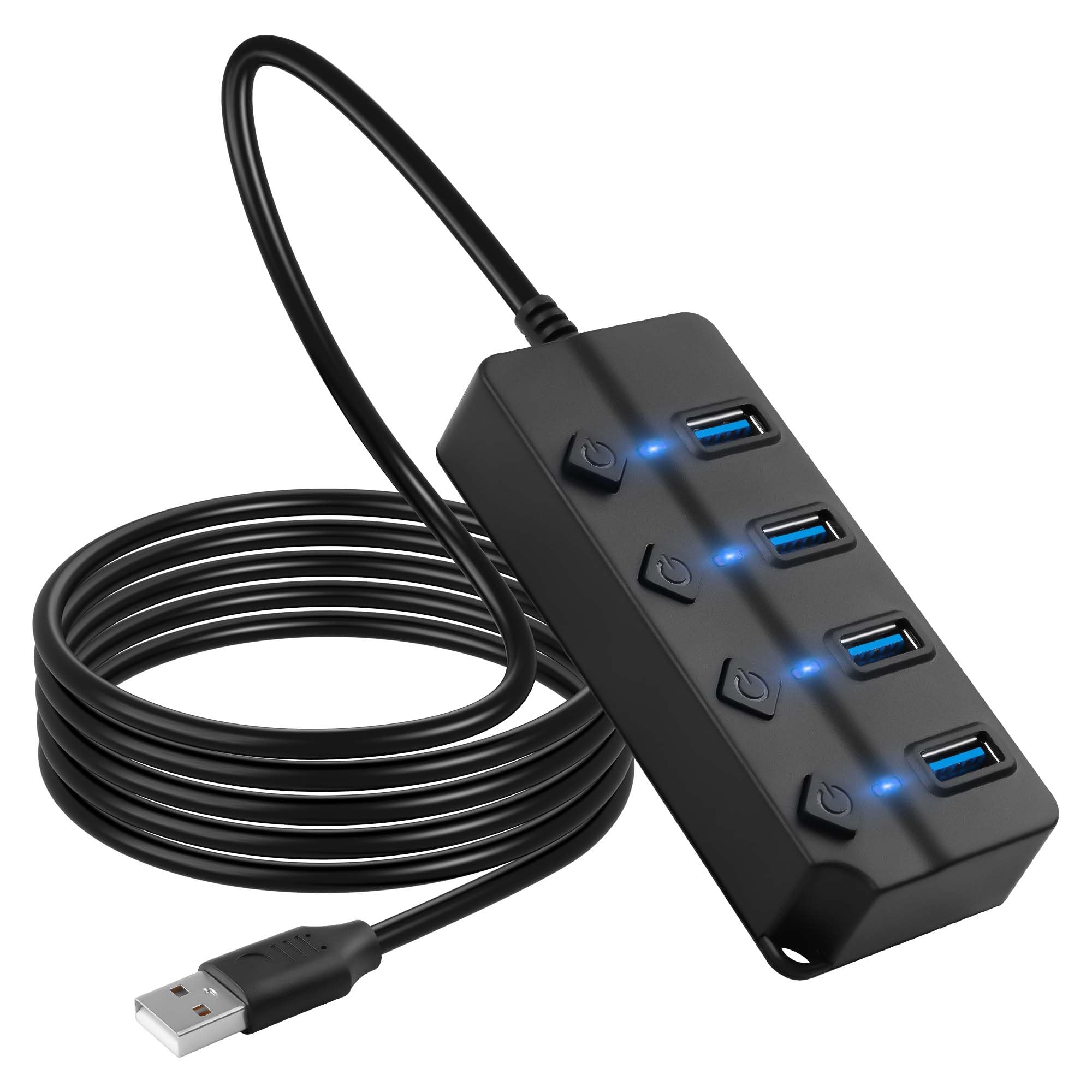 CERRXIAN USB Hub, 4Port USB Hub Splitter with Individual On/Off LED Switches 6.6ft/2m Long Cable, Multi Port Expander, Fast Data Transfer USB Splitter