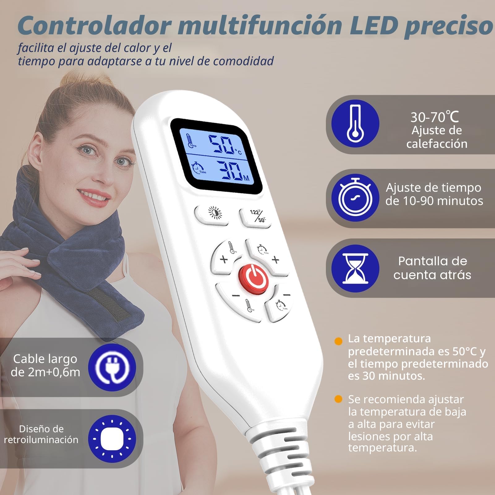 JOBYNA Almohadilla Térmica Eléctrica para Cuello, Almohadilla de Terapia para Cervicales para Aliviar el Dolor, Calentamiento Rápido de 5s, 30-70 ℃ Ajustable y Apagado Automático (74 * 19cm)