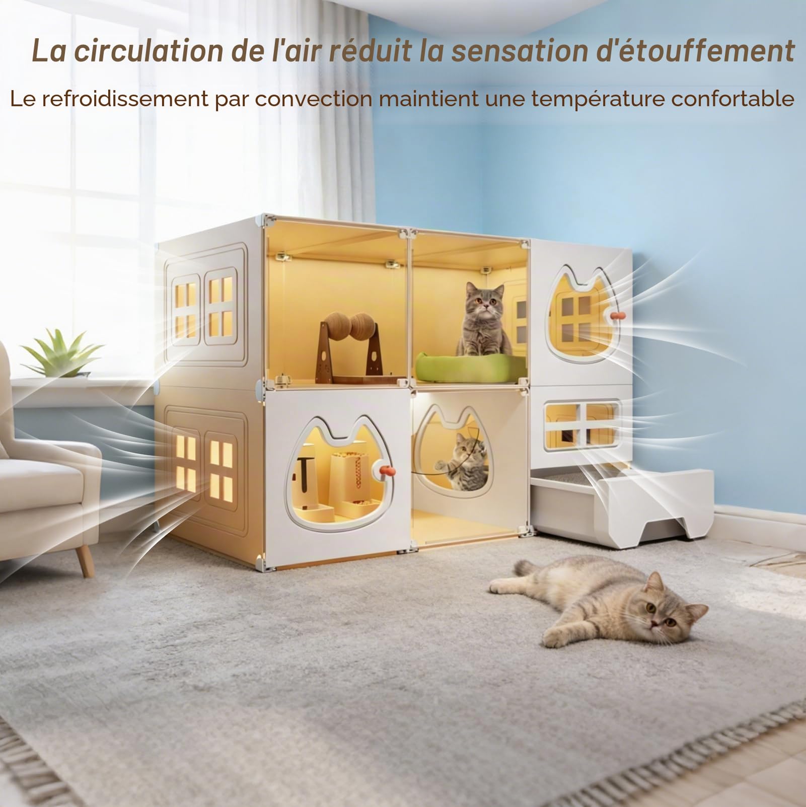 Grande cage d'intérieur pour chat avec toilettes, panneaux de clôture, installation facile