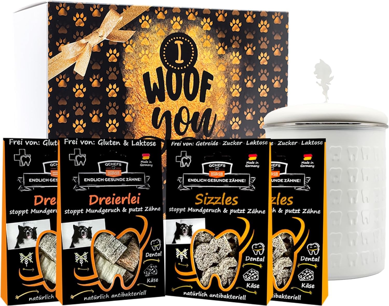 QCHEFS Glückskiste Dose Geschenk Hund Zahnpflege gegen Zahnstein Mundpflege | Mit Natur Zahnpflege, Auch gegen Zahnstein und Entzündungen