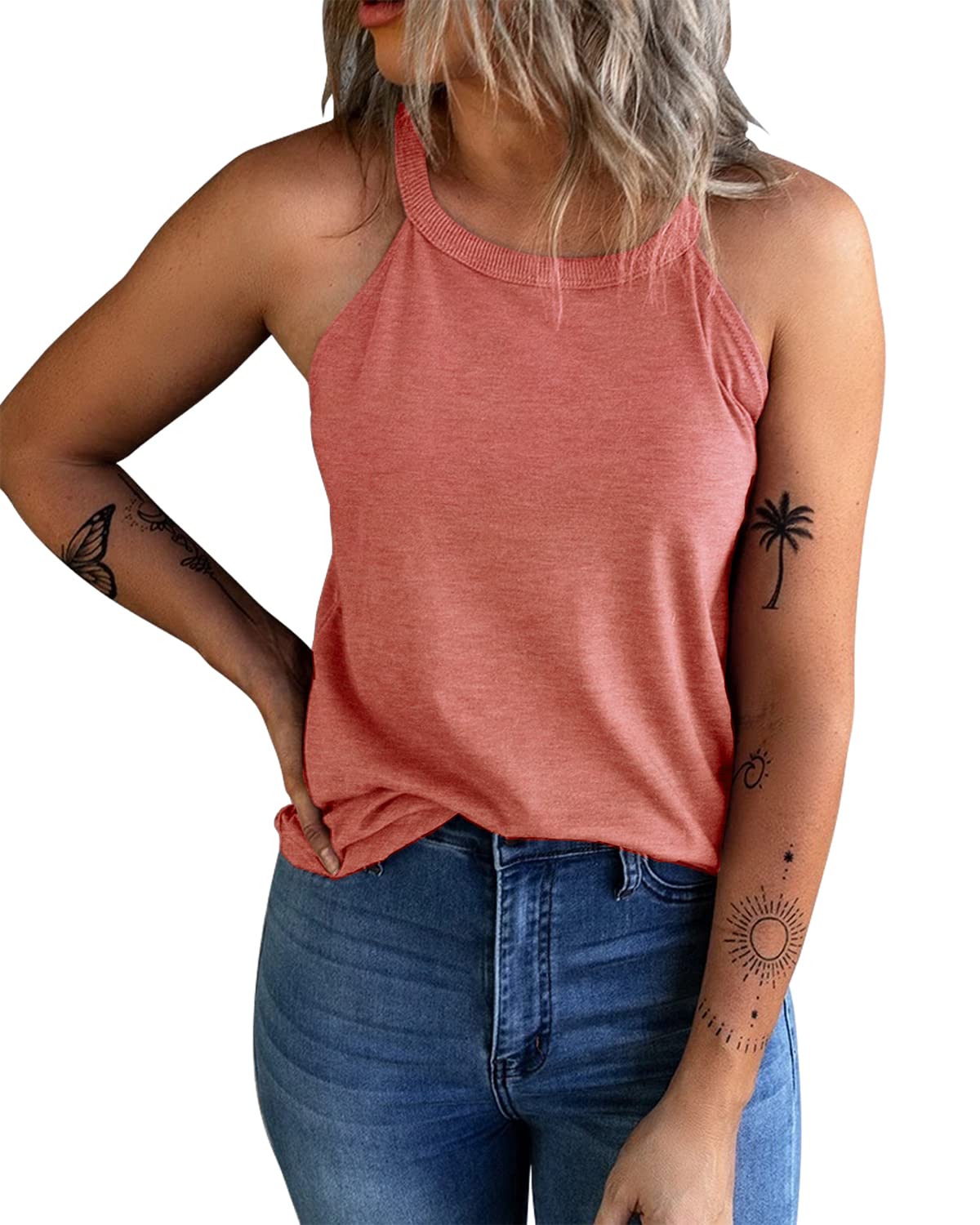 KINLONSAIR Women's Summer Sleeveless Halter Tee Shirts Crew Neck Workout Tank Tops Casual Plain Cami Shirts