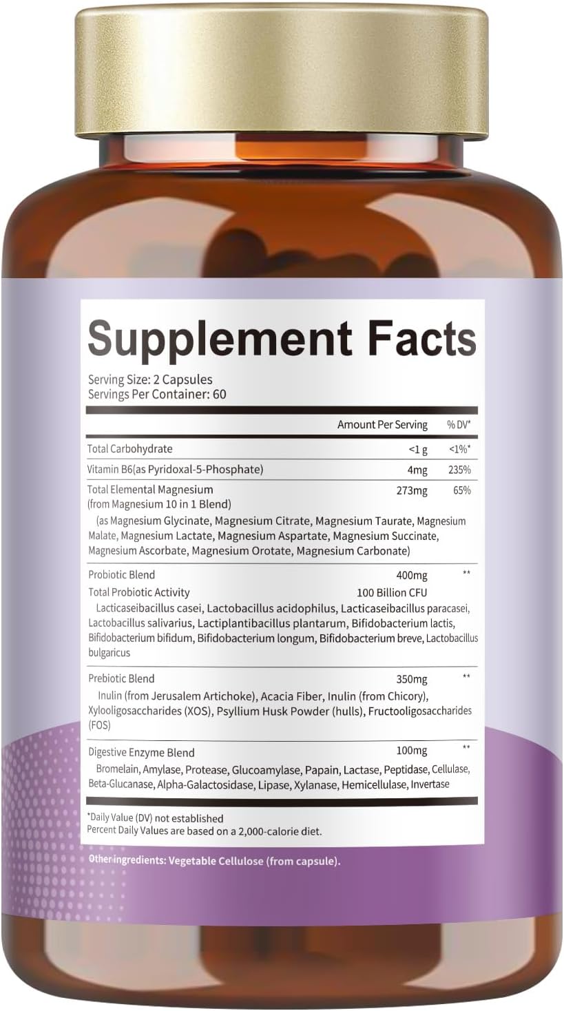 10-in-1 Magnesium Complex Supplement with Probiotics Prebiotics & Digestive Enzymes, 100 Billion CFU Probiotics for Women, High Absorption for Muscle, Sleep Calm, Gut & Digestive Health, Vegan Non-GMO - Image 8