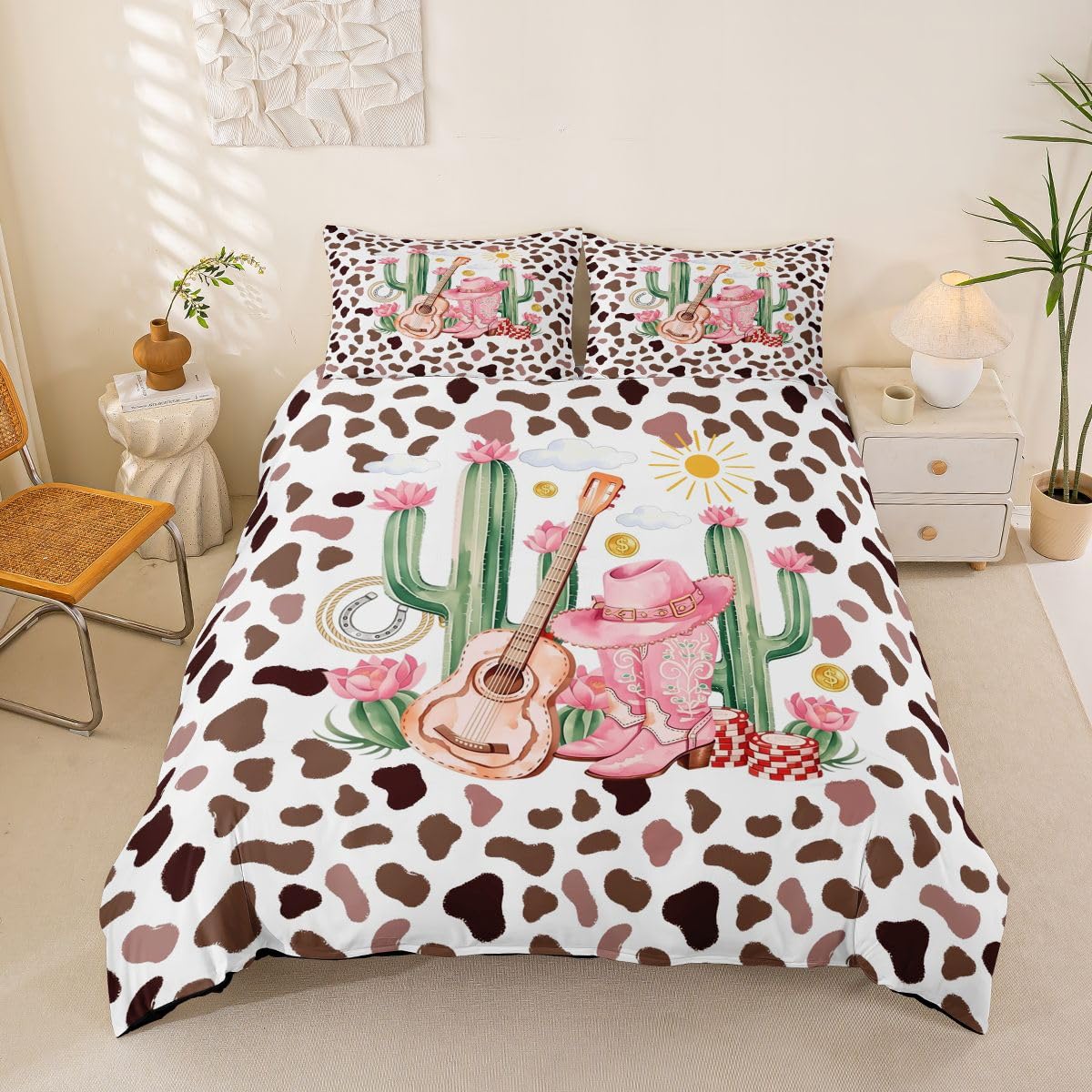 Homewish różowe kowbojki king size pościel retro krowa skóra bydlęca nadruk poszewka na kołdrę zestaw dzikie zachodnie kowbojki buty poszwa na kołdrę pustynia kaktus gitara zestawy łóżek
