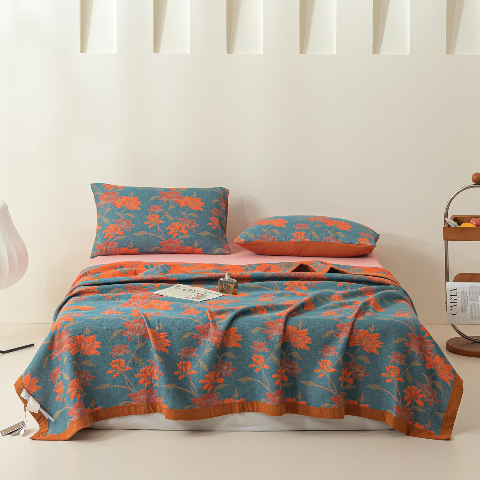 Purefair 100% Cotton Muslin Blanket Jacquard Floral Flowers Bloosom Print Quilt, Soft Bed Cover 3 Layers Reversible Bedspread Coverlet Breathable