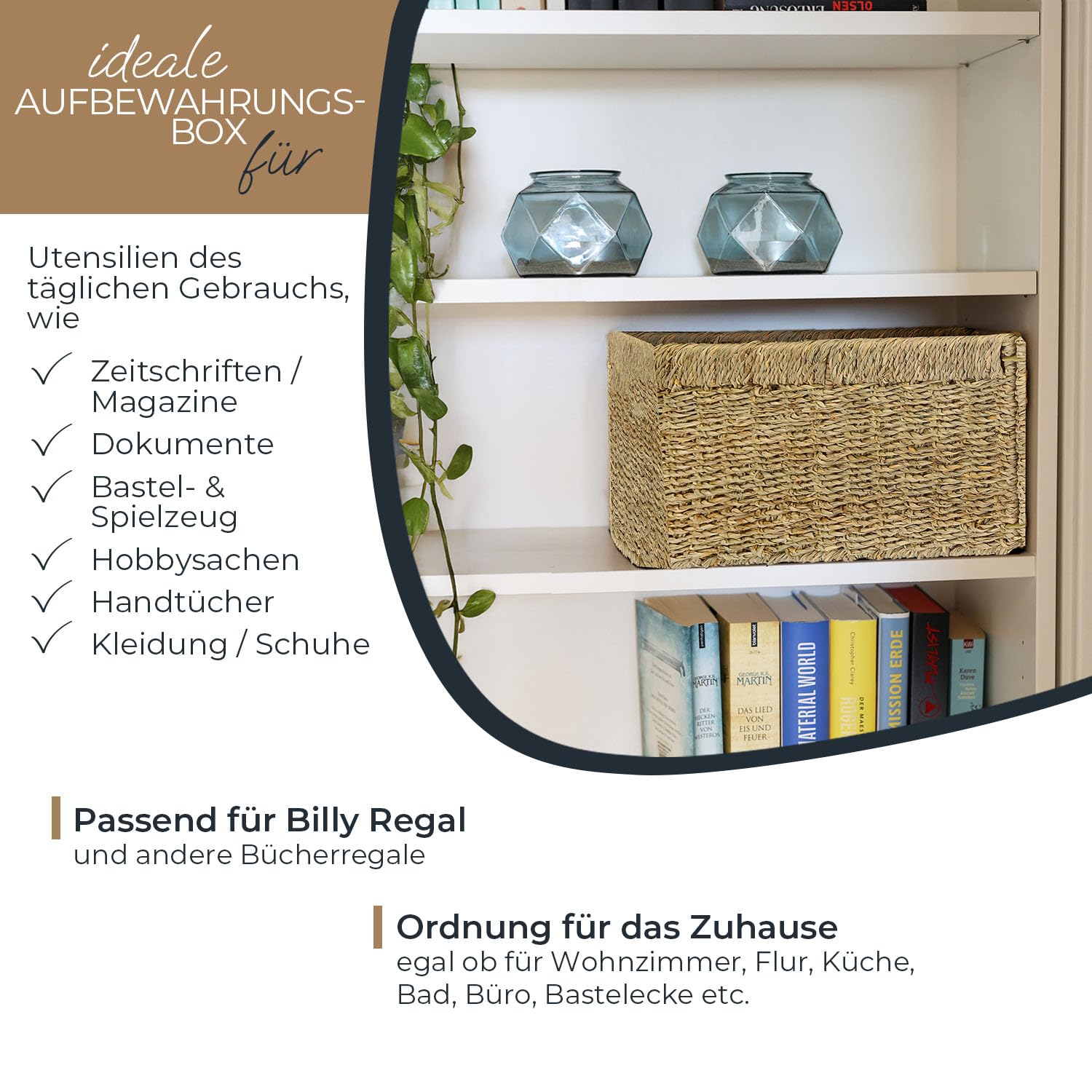 HMF Aufbewahrungskorb passend für Billy Regal, Korb geflochten aus Seegras mit drei Griffen 4er Set | 35 x 25 x 20 cm | Natur