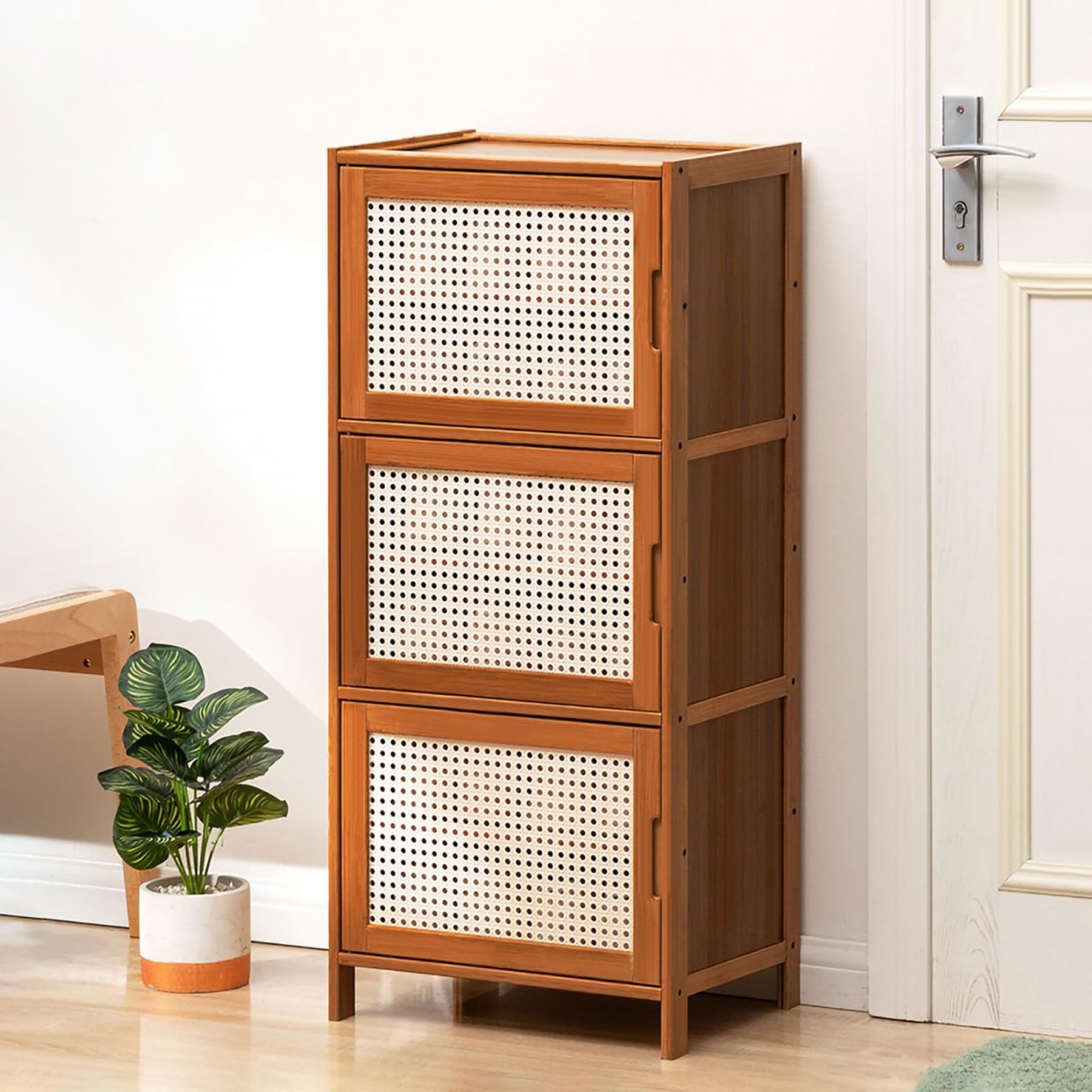Zapatero De Bambú De 6 Niveles con Puertas De Mimbre Trenzado Zapateros Independientes para La Entrada Organizador De Zapatos Almacenamiento Oculto para Dormitorios,Tea Brown,43×32×97cm