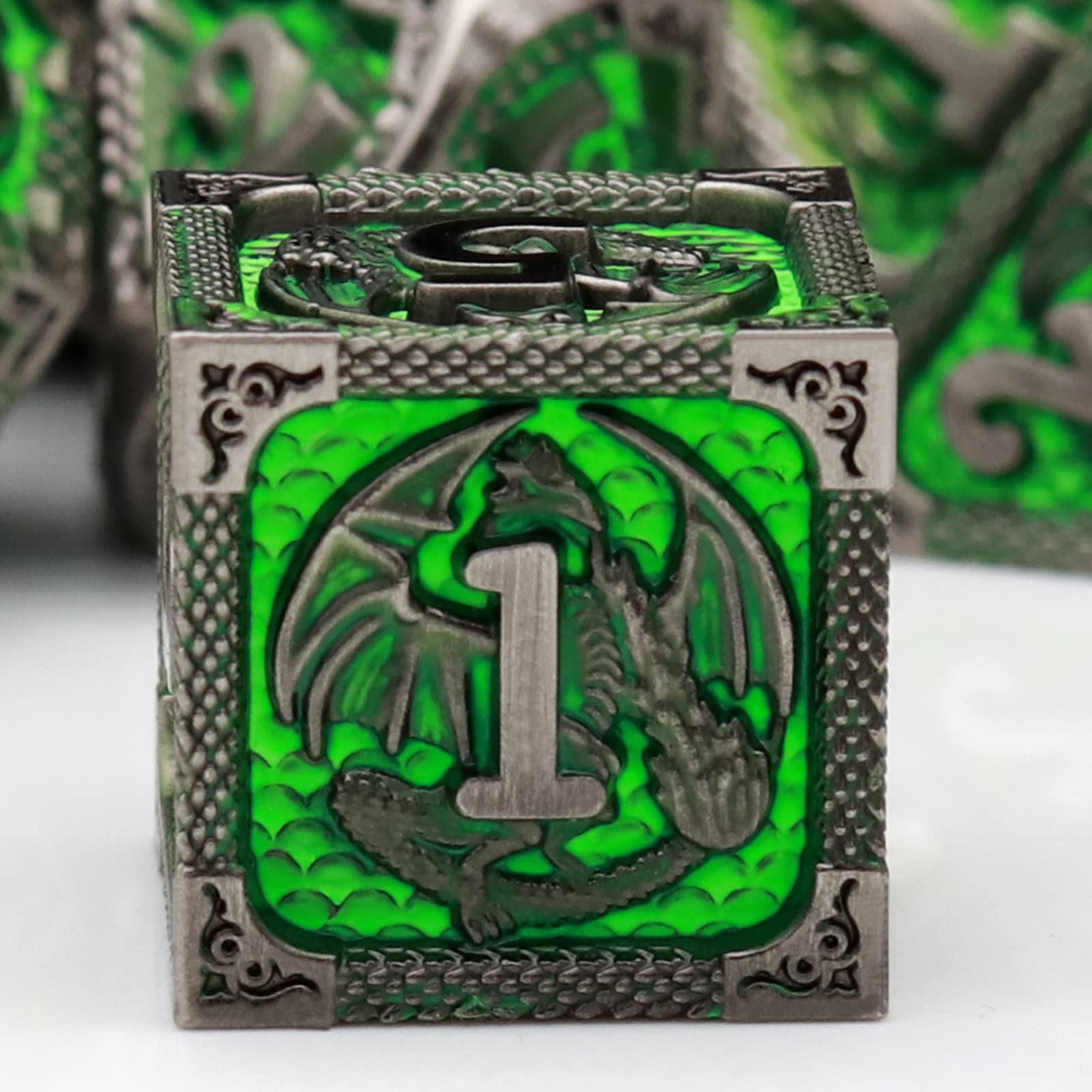 PJOY D&D Dice Set Metal DND Green Dice with Case Compatible with Dungeons and Dragons Ranger Gifts