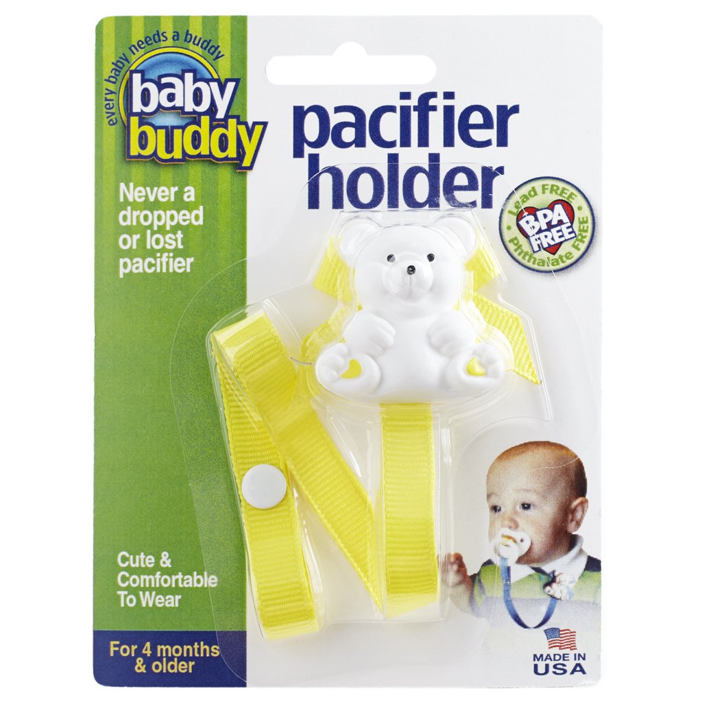 Baby Buddy Bear Pacifier Holder Clip Snaps to Paci, Teether, Toy, Clips to Baby’s Shirt, Pacifier Clip For Babies 4 Months & Up/Toddler Boys & Girls, Baby Must Haves, Yellow, 1 Count