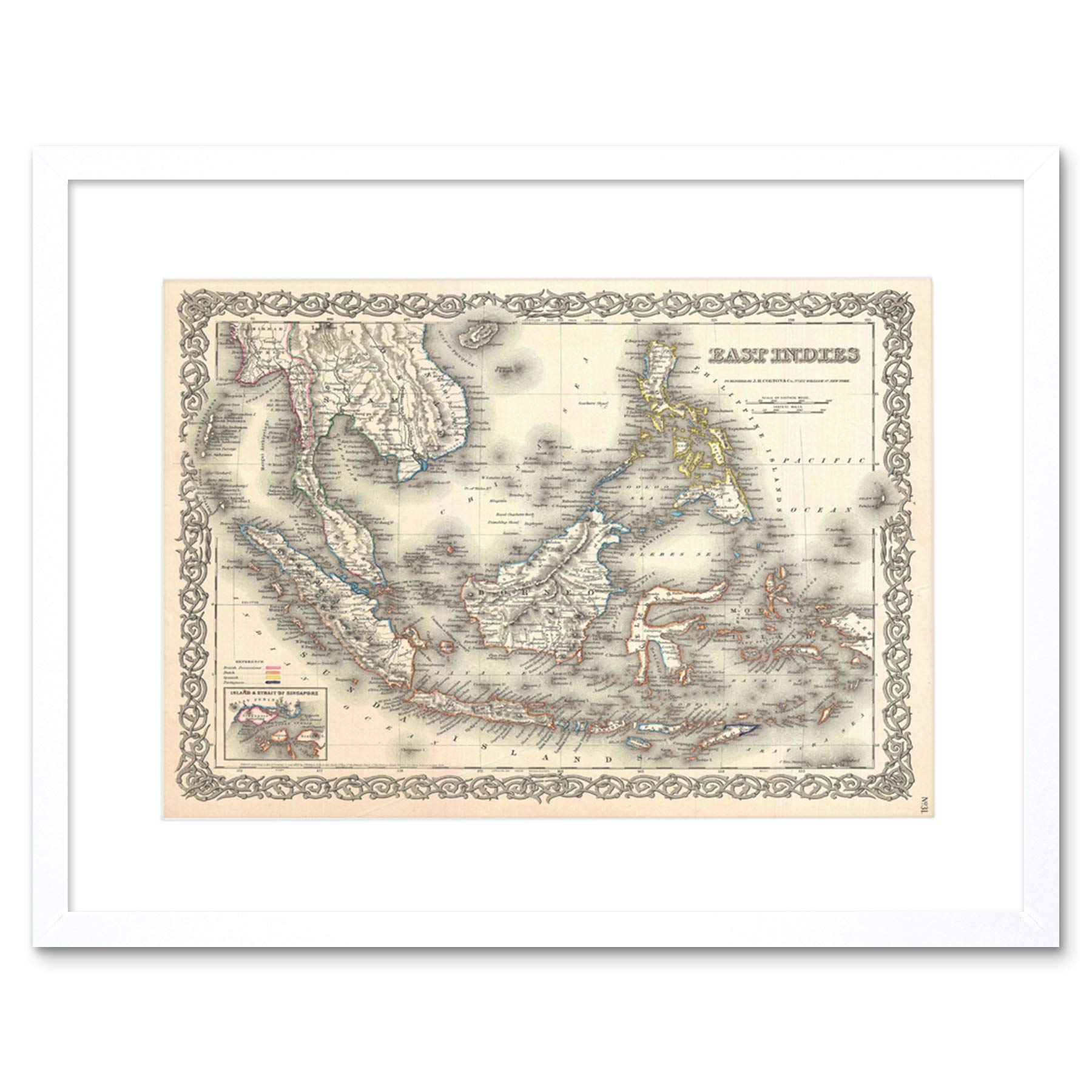 Wee Blue Coo 1855 Colton Map The East Indies Singapore Thailand Borneo Framed Wall Art Print