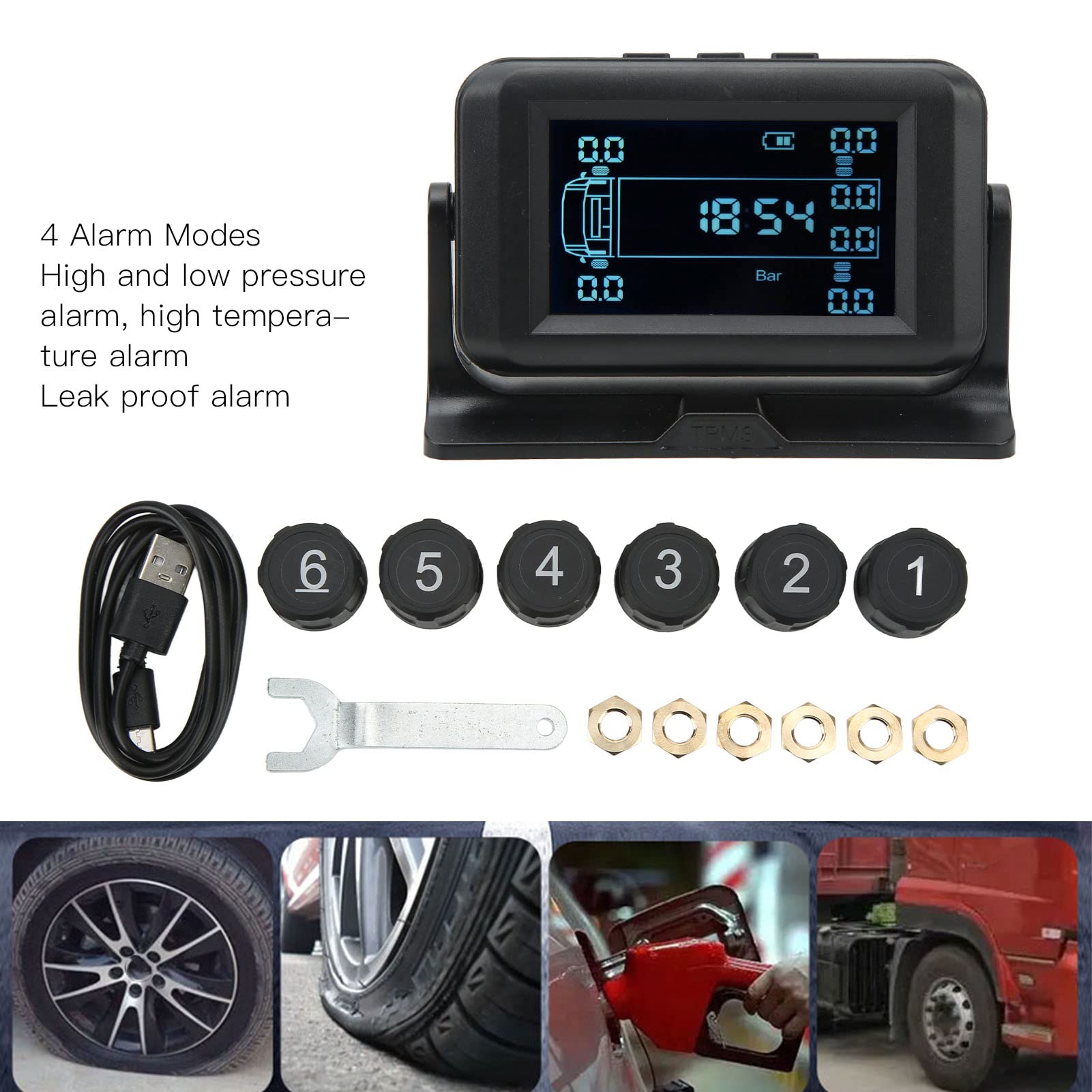 de Control de Presión de Neumáticos 6 Sensores Externos para Camión de 6 Ruedas RV Alarma de Alta Presión Baja IP67 Fuente de Alimentación Solar USB