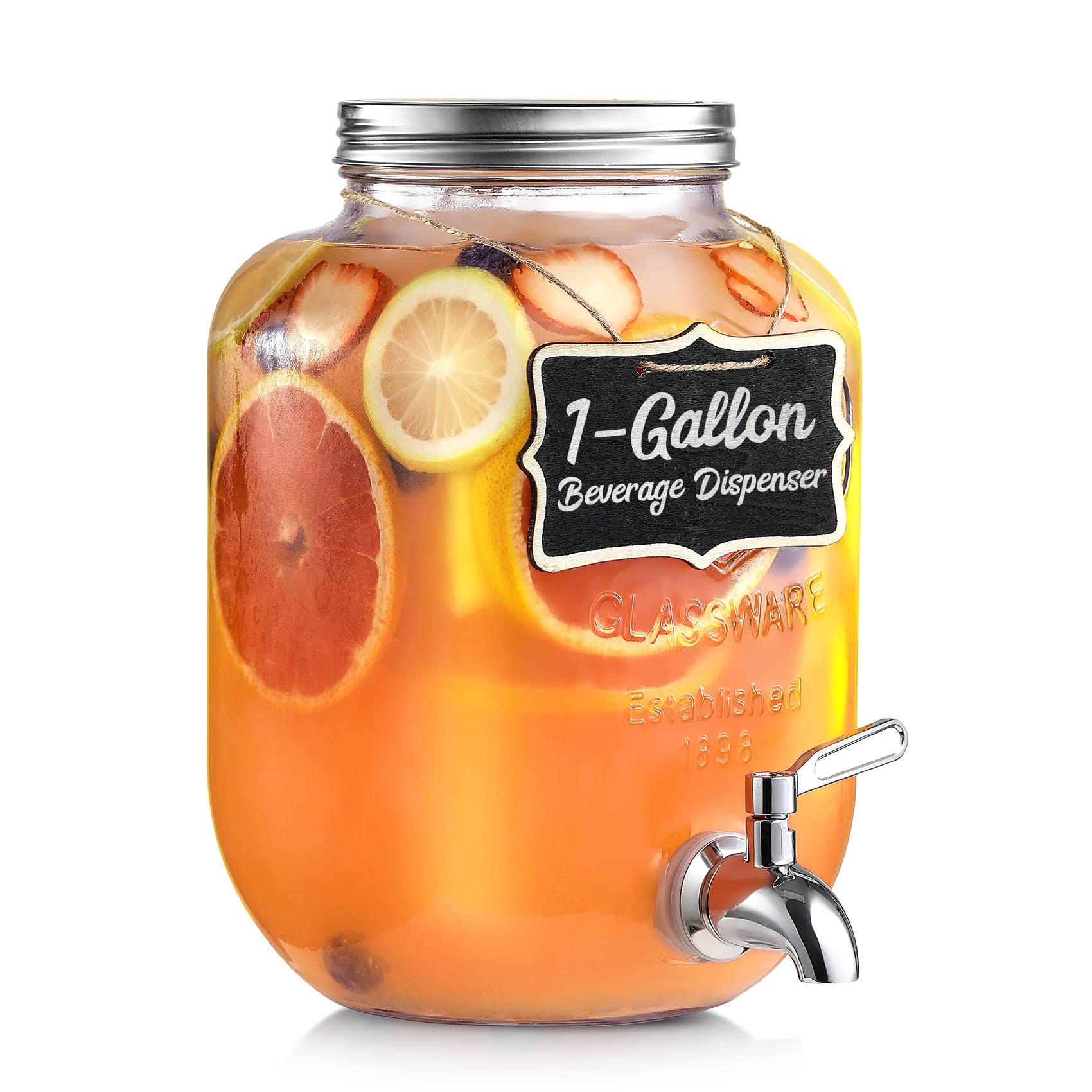 1 Gallon Glass Beverage Dispenser, 18/8 Stainless Steel Spigot and Lid, Glass Drink Dispensers for Parties, Mason Jar Drink Dispensers with Lids
