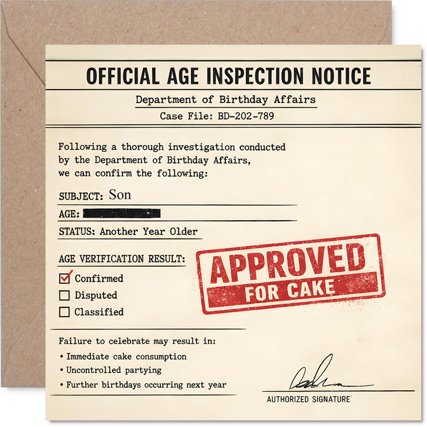 Funny Birthday Card for Son - Official Cake Approval - Mock Document Design with Playful Humour - Perfect for a Light-hearted Birthday Laugh - 145mm Square, Envelope Included