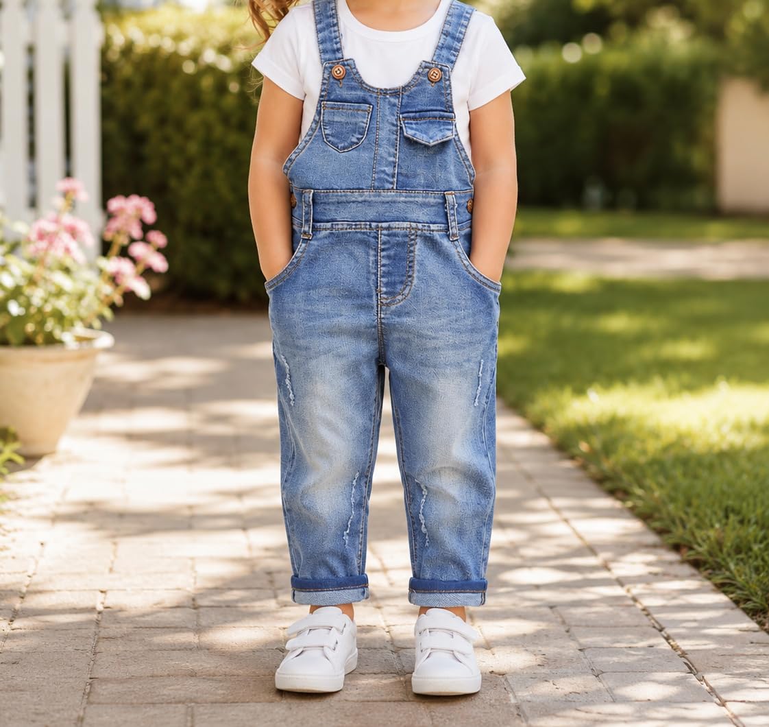 KIDSCOOL SPACE Salopette en jean pour bébés et petites filles, salopette de travail en jean, bleu clair