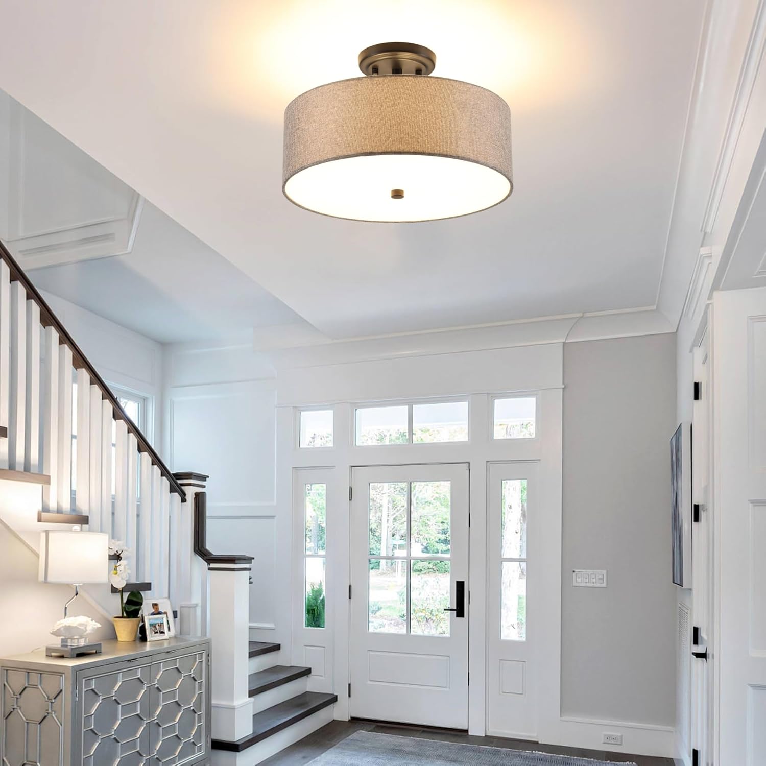 13.8 Inch Semi Flush Mount Ceiling Light Fixture, 3-Light Modern Farmhouse Drum Pendant with Fabric Shade for Bedroom Hallway Entryway Living Room (Gray+Black)